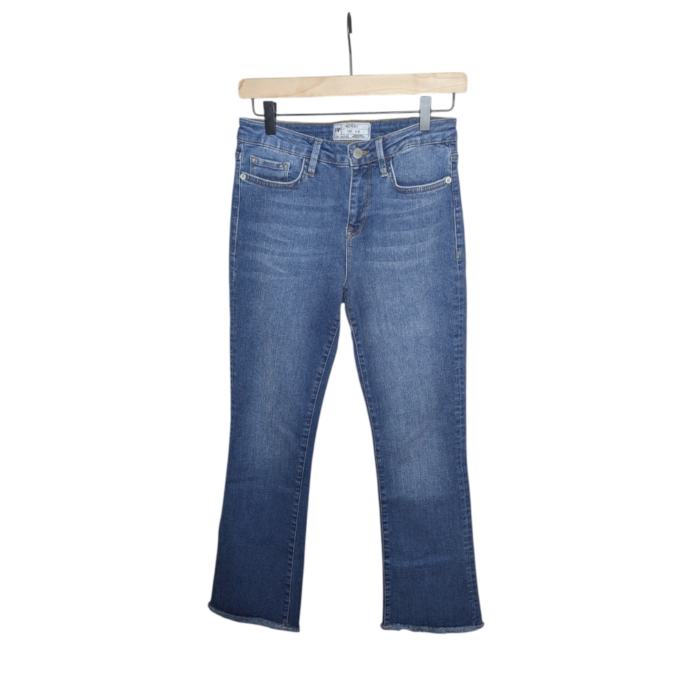 Free People Kick Flare Jeans Size 28 Blue Mid Rise Raw Hem Cropped Stretch Denim